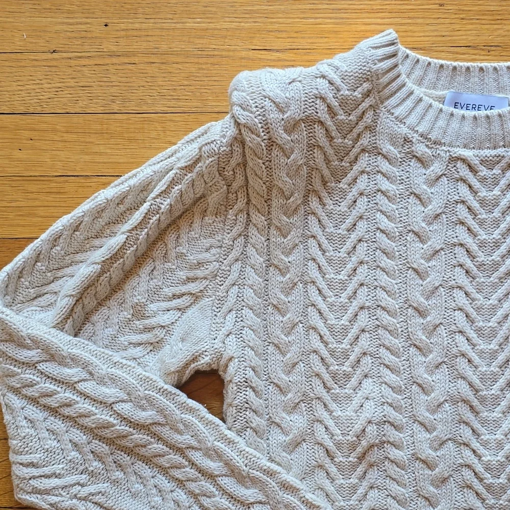 Evereve Alexis Strong Shoulder Cable Pullover Sweater, Cream, EUC, Women's XS - Picture 5 of 14